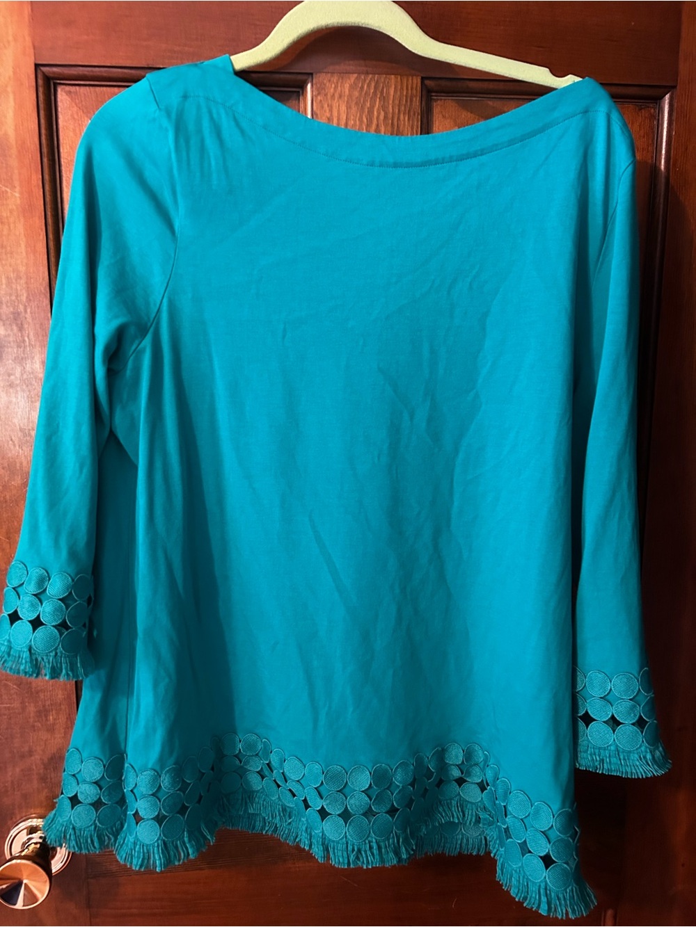 Talbots Teal Boatneck Tunic with Circle Lace Fringe